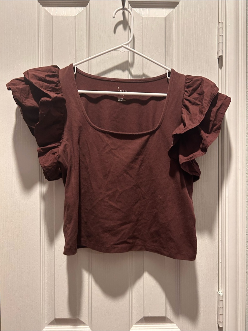 a new day Dark Brown Ruffle Sleeve Square Neck Crop Top